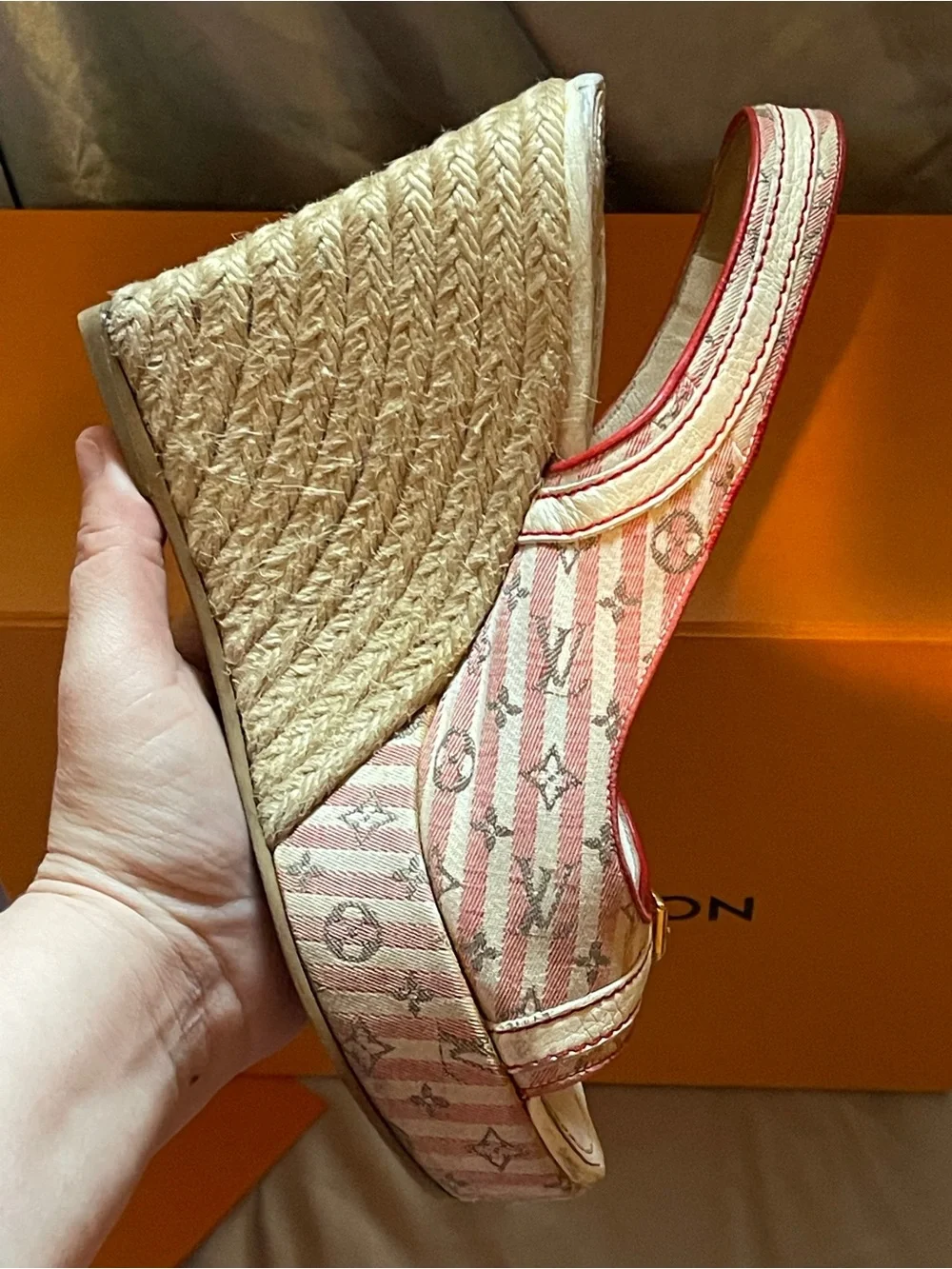 Louis Vuitton Women's Beige and Red Peep-Toe Slingback Heels - Picture 8 of 11